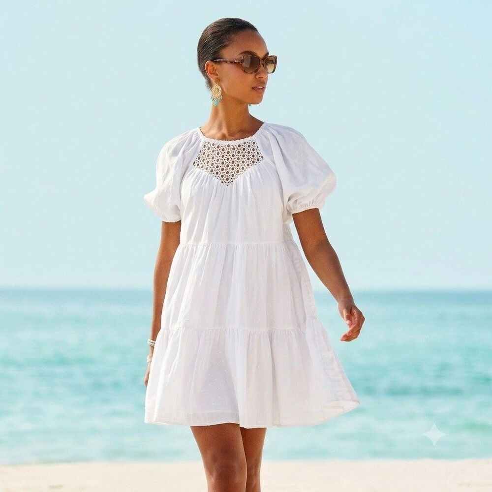 Lilly Pulitzer Charlet Short Puff sleeve dress Womens 14 White 100% Linen Casual